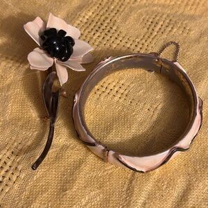Vintage Estate Jewelry Signed SANDOR Enameled Flower Pin Brooch Hinged Bracelet